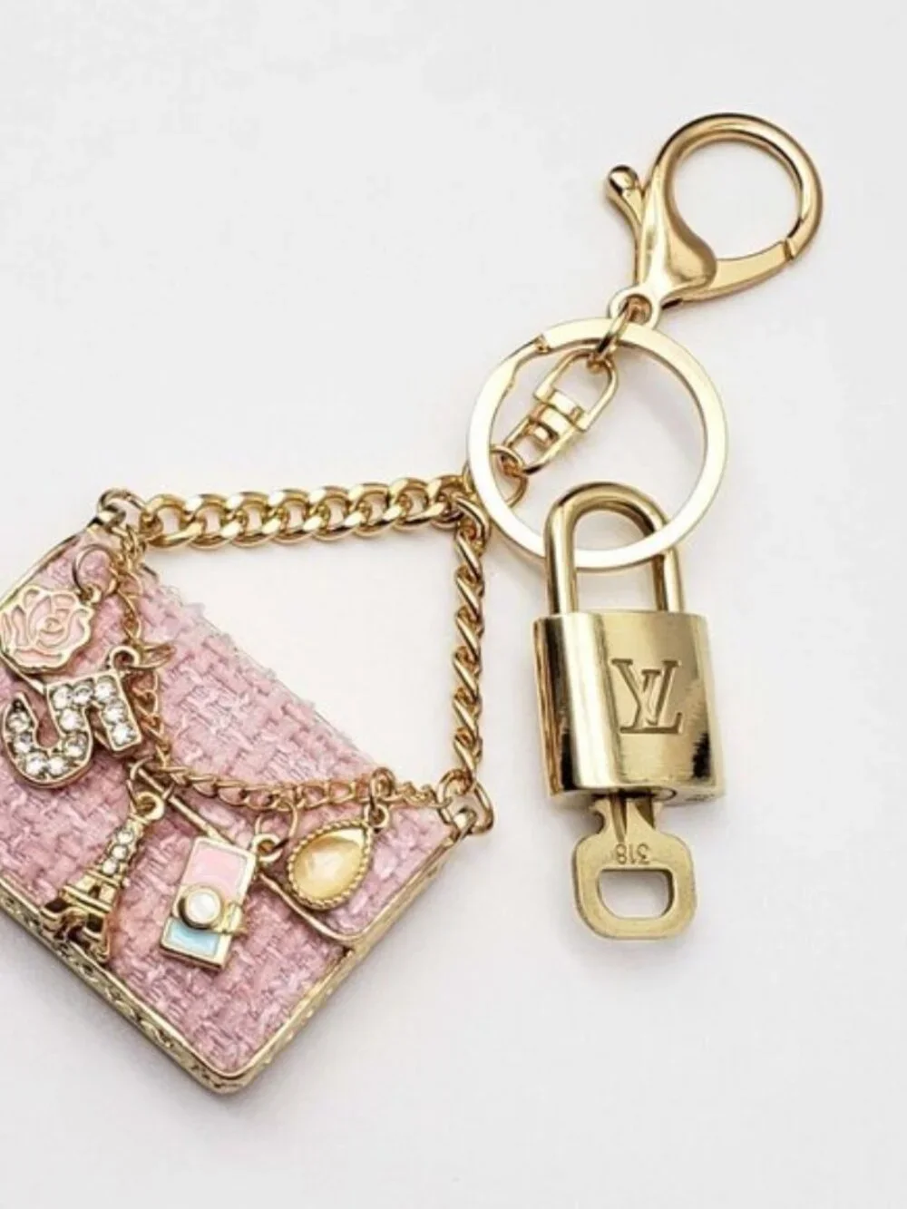 Louis Vuitton Gold Lock 🔒 Authentic LV Key + Unbranded Tweed Bag Charm